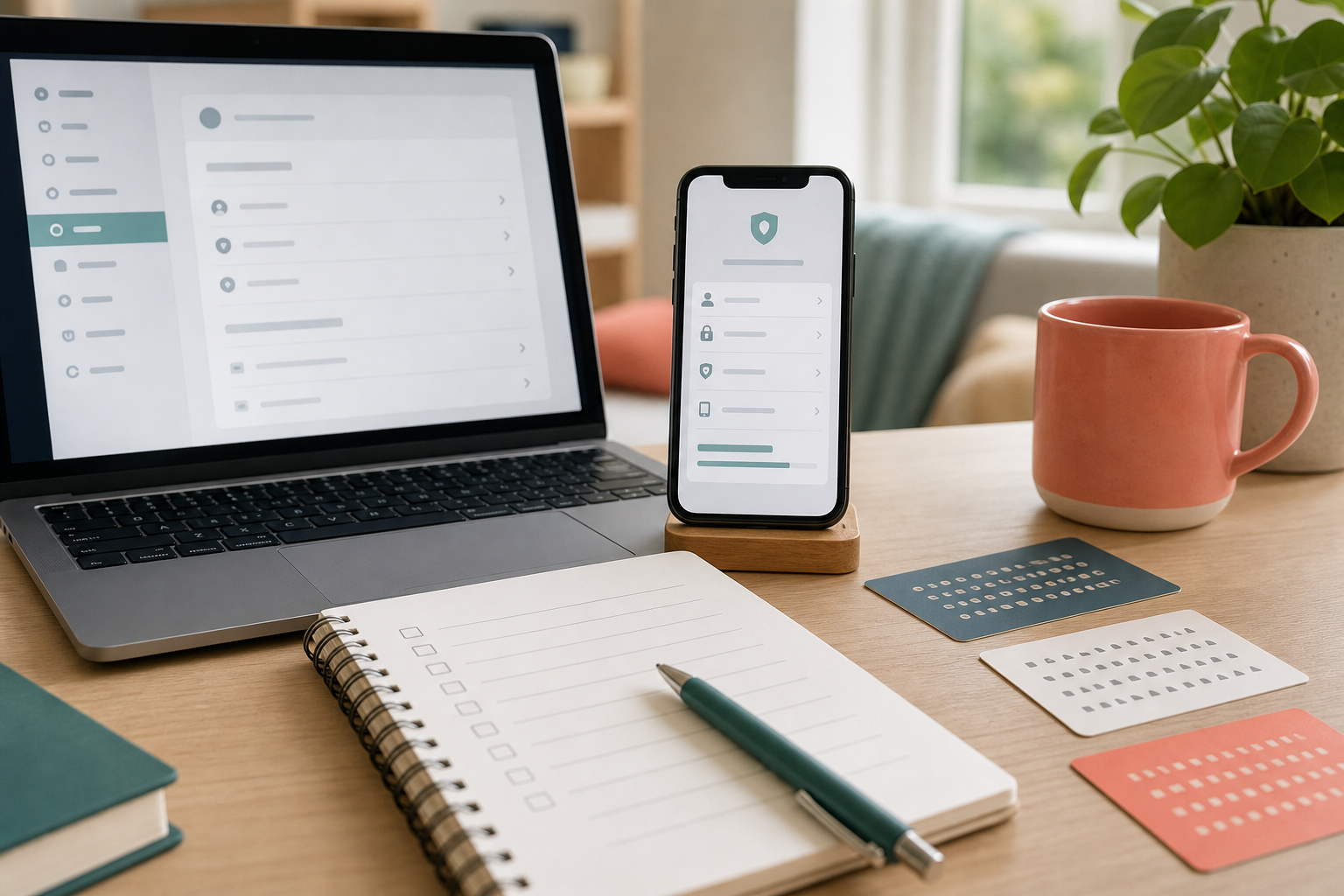 Smartphone en laptop met neutrale beveiligingsschermen, checklist en pen