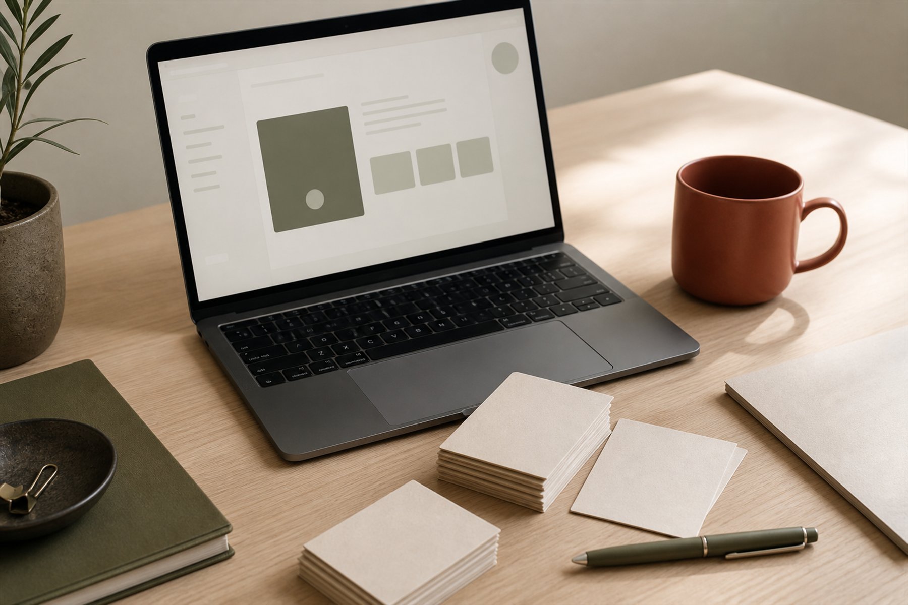 Laptop met een rustig scherm, blanco sorteerkarten, olijfgroene pen en terracotta mok