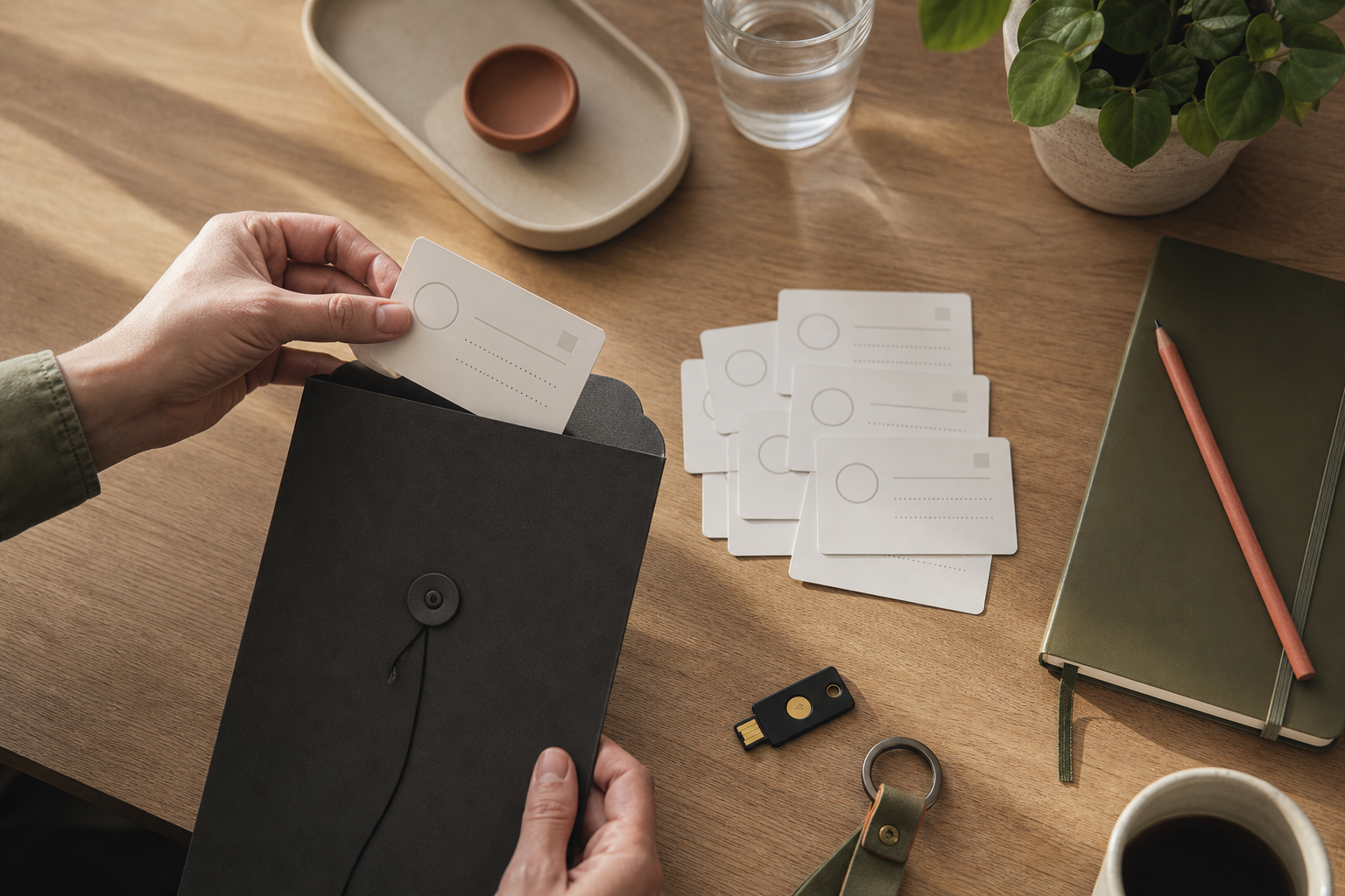 Rustig digitaal werkbureau met laptop, notitieboek en een helder overzicht voor wachtwoorden opruimen: een praktische start zonder gedoe