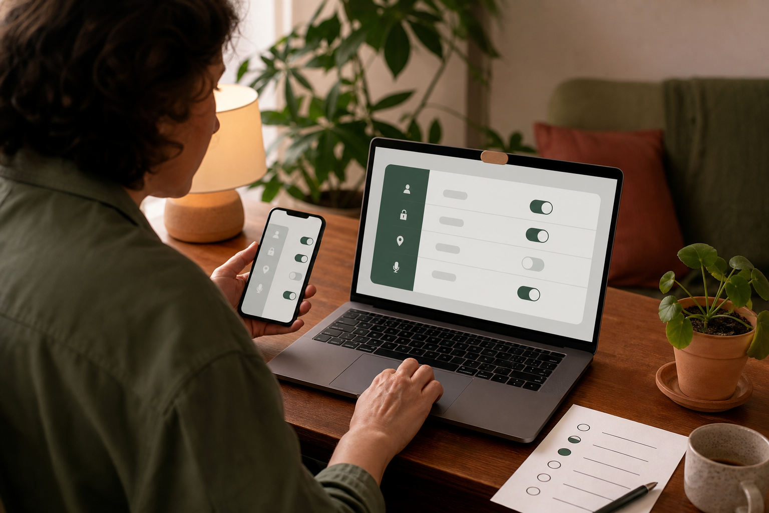 Rustig digitaal werkbureau met laptop, notitieboek en een helder overzicht voor privacy-instellingen controleren: begin bij deze vijf plekken