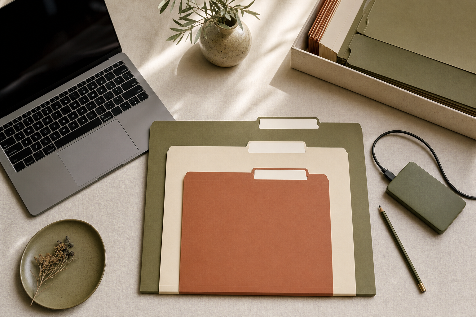 Rustig digitaal werkbureau met laptop, notitieboek en een helder overzicht voor slim bestanden ordenen: een mappenstructuur die blijft werken