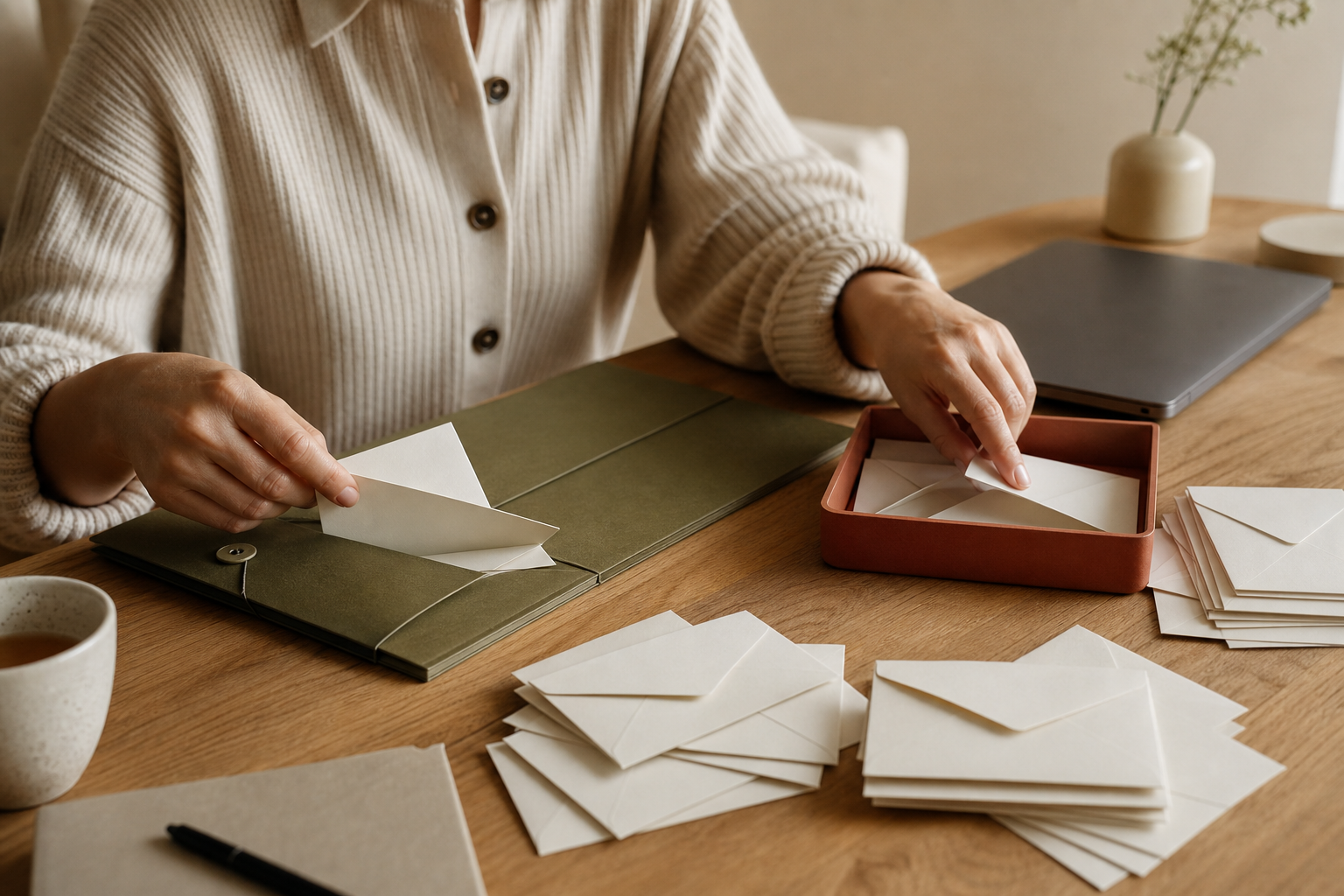 Rustig digitaal werkbureau met laptop, notitieboek en een helder overzicht voor je nieuwsbrief-inbox opruimen zonder alles te missen